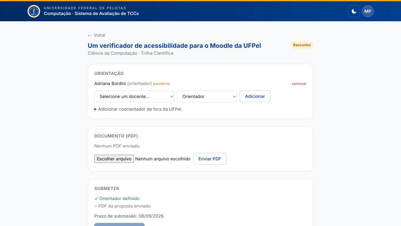 Proposta em rascunho, com as seções Orientação, Documento PDF e Submeter.