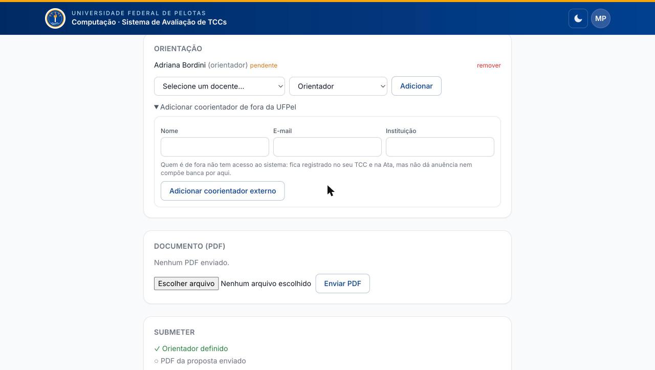 Formulário para adicionar coorientador externo com nome, e-mail e instituição.