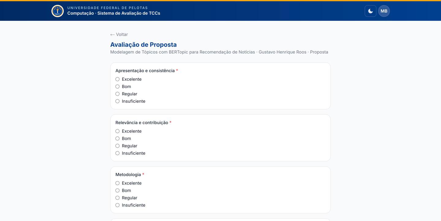 Ficha de avaliação da proposta com critérios em escala e campos de texto obrigatórios.