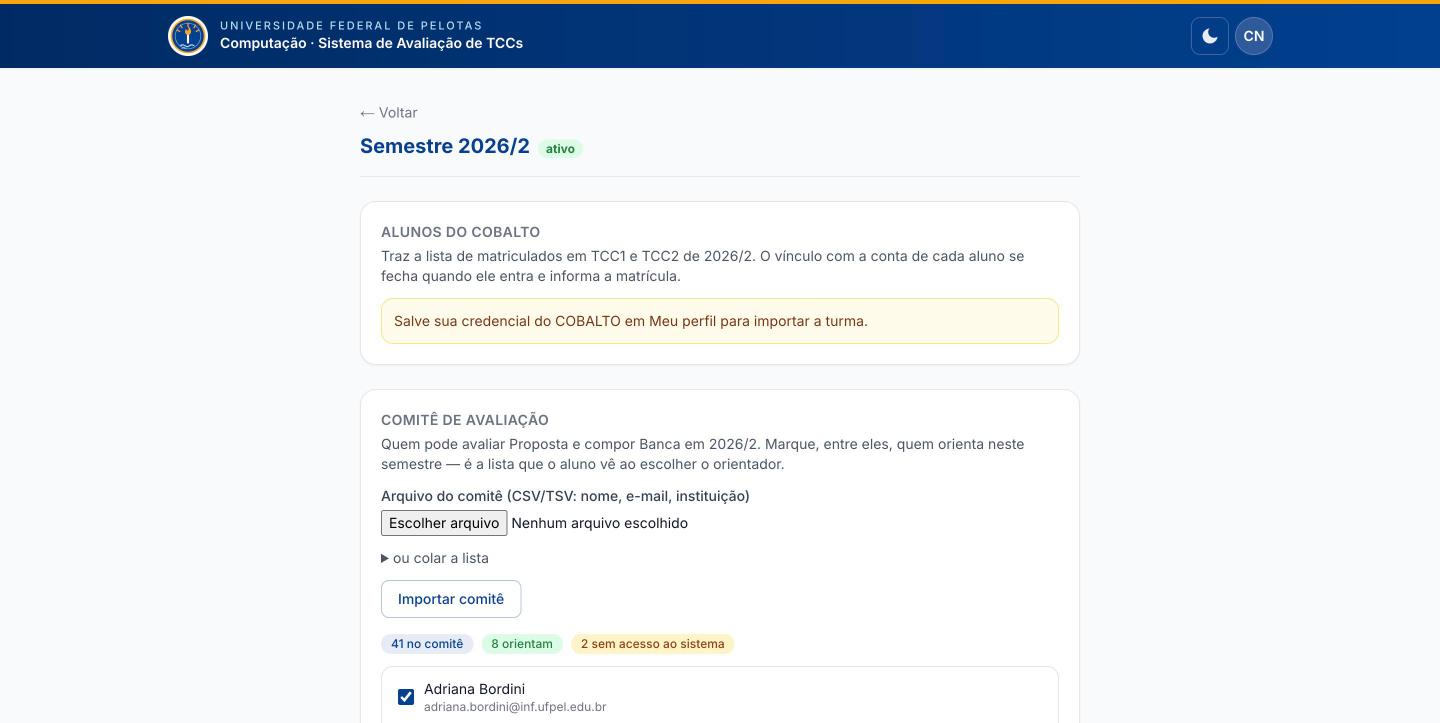 Seções Alunos do COBALTO e Comitê de avaliação, com os contadores de comitê, orientadores e membros sem acesso.