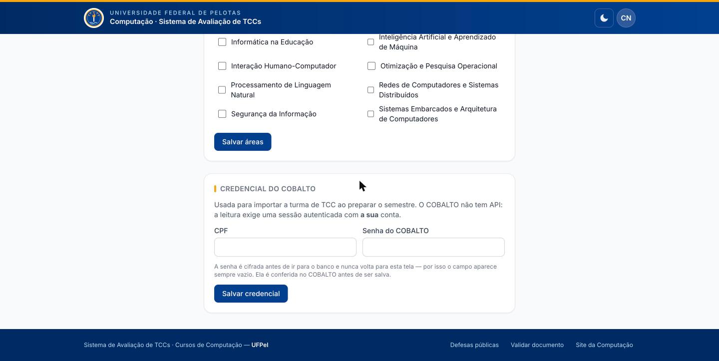 Campos de CPF e senha do COBALTO em Meu perfil, com o aviso de que a senha é cifrada e nunca volta para a tela.