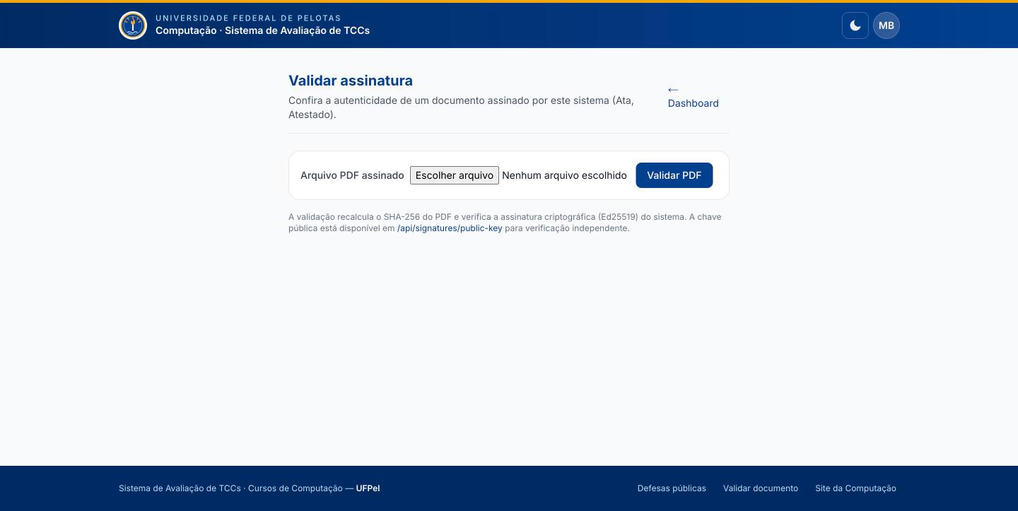 Tela pública de validação, com campo para enviar o PDF assinado.