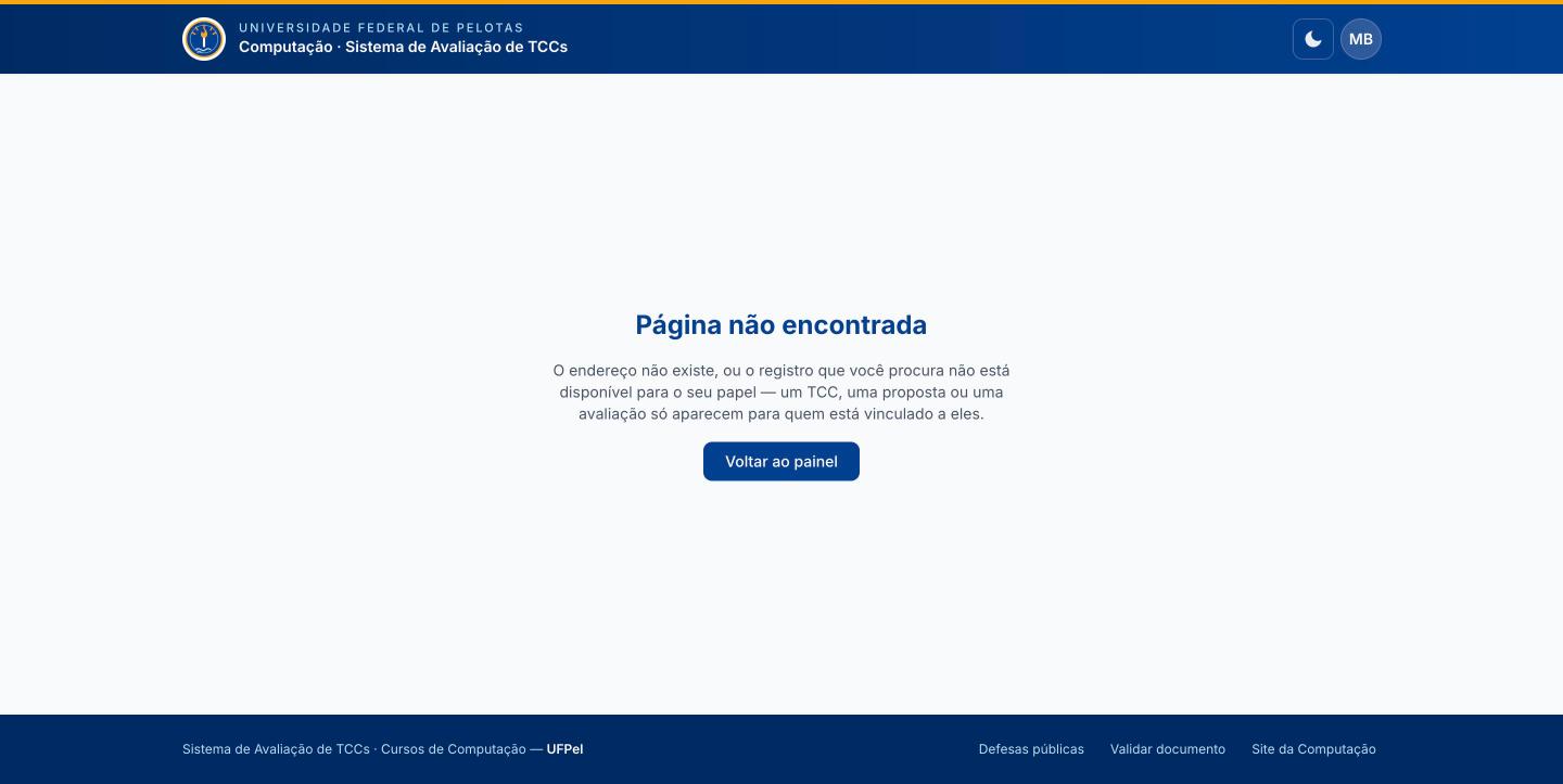 Tela de página não encontrada, explicando que o registro pode existir mas não estar disponível para o seu papel.